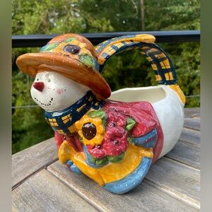 Vintage 90s Ceramic Girl Christmas - Autumn Snowman Planter With Handle